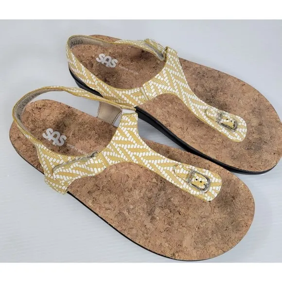 SAS Marina Sandals Womens 10.5 Chevron Yellow Leather Thong Ankle Strap Shoes