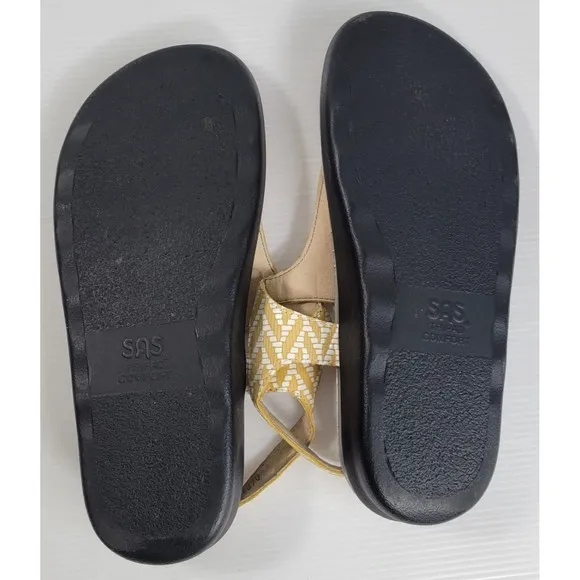 SAS Marina Sandals Womens 10.5 Chevron Yellow Leather Thong Ankle Strap Shoes