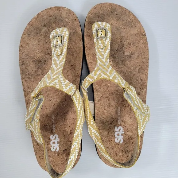 SAS Marina Sandals Womens 10.5 Chevron Yellow Leather Thong Ankle Strap Shoes