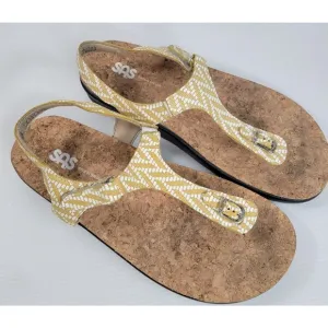 SAS Marina Sandals Womens 10.5 Chevron Yellow Leather Thong Ankle Strap Shoes