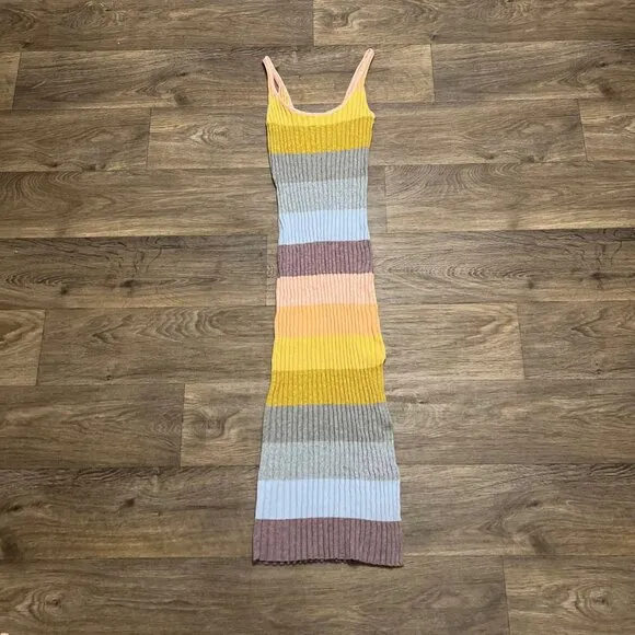 Saylor Emsey Midi Dress Rainbow Stripe Knit Yellow Blue Purple Size Small