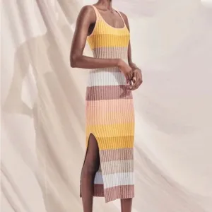 Saylor Emsey Midi Dress Rainbow Stripe Knit Yellow Blue Purple Size Small