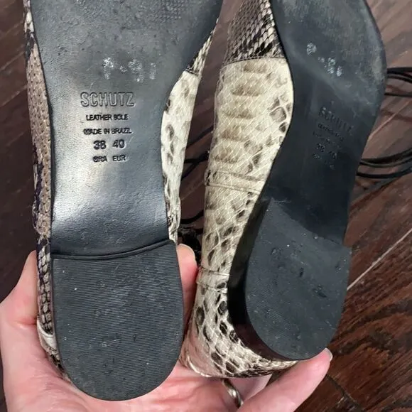 Schutz Beryl Snake Print Lace Up Tie Strappy Flats Size 38