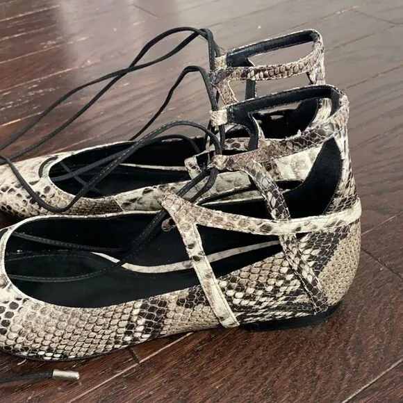 Schutz Beryl Snake Print Lace Up Tie Strappy Flats Size 38