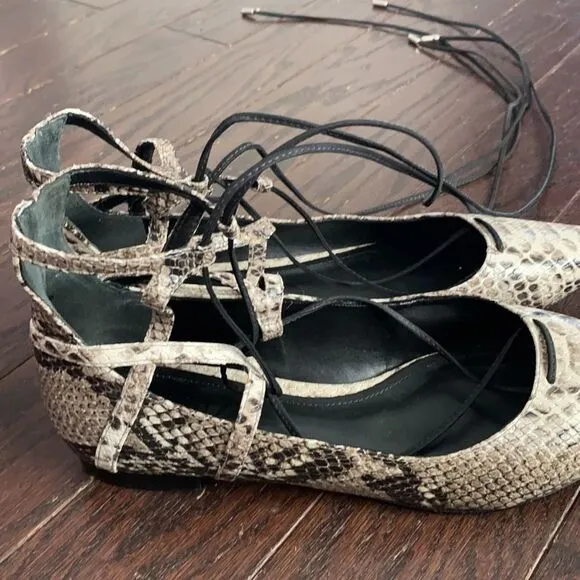 Schutz Beryl Snake Print Lace Up Tie Strappy Flats Size 38