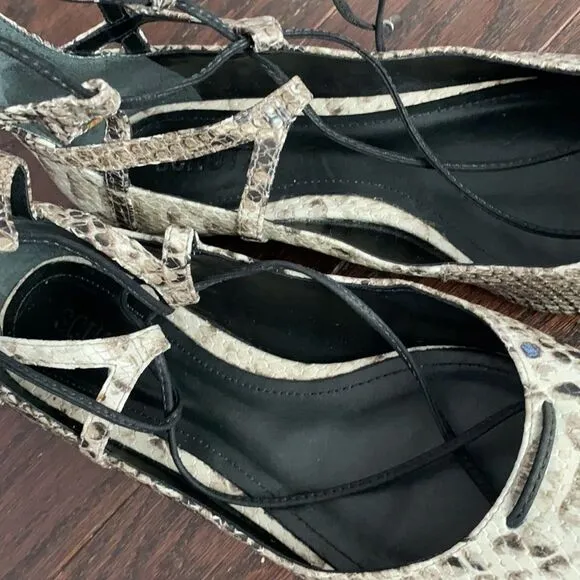 Schutz Beryl Snake Print Lace Up Tie Strappy Flats Size 38
