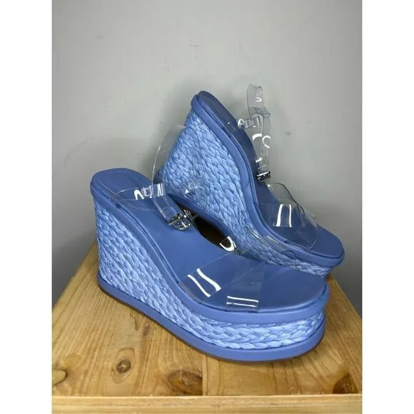 Schutz Caryne Women's Transparente Ankle Strap Wedge Sandals Blue Size 11B