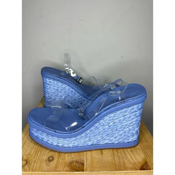 Schutz Caryne Women's Transparente Ankle Strap Wedge Sandals Blue Size 11B