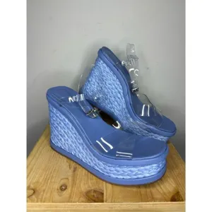 Schutz Caryne Women's Transparente Ankle Strap Wedge Sandals Blue Size 11B