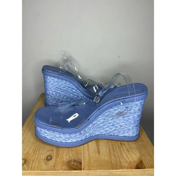 Schutz Caryne Women's Transparente Ankle Strap Wedge Sandals Blue Size 11B