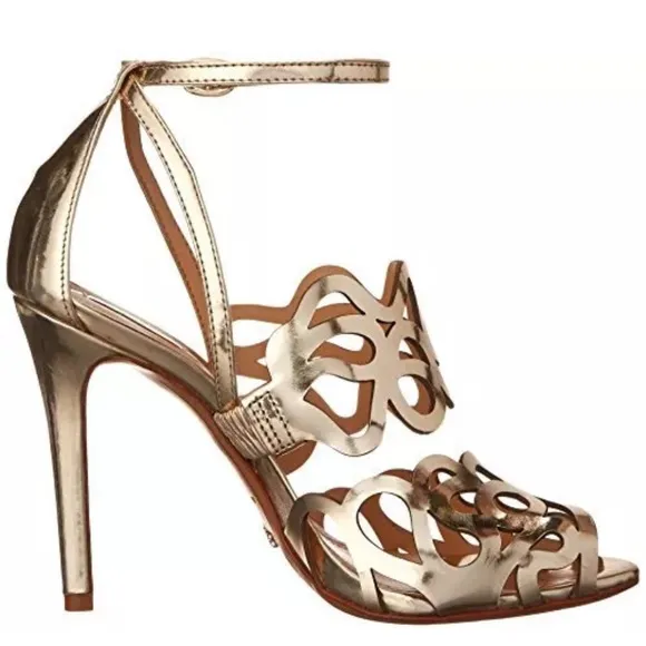Schutz Darleneh Strappy Sandal Heels Patent Leather Sole Gold Size 9 EUC