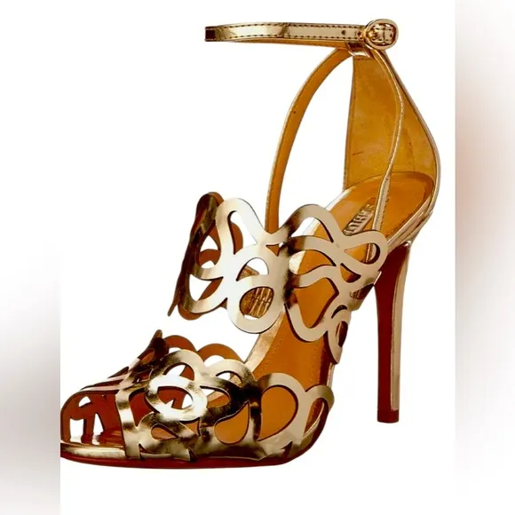 Schutz Darleneh Strappy Sandal Heels Patent Leather Sole Gold Size 9 EUC