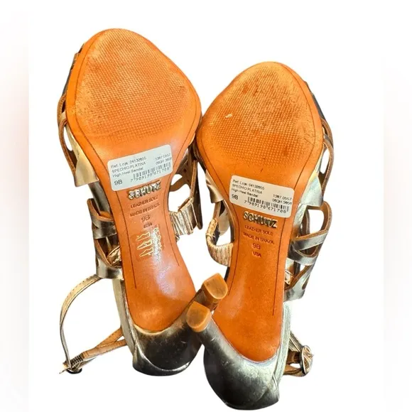 Schutz Darleneh Strappy Sandal Heels Patent Leather Sole Gold Size 9 EUC