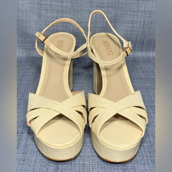 SCHUTZ Keefa Raffia Platform Sandals Natural Woven Size 9.5B