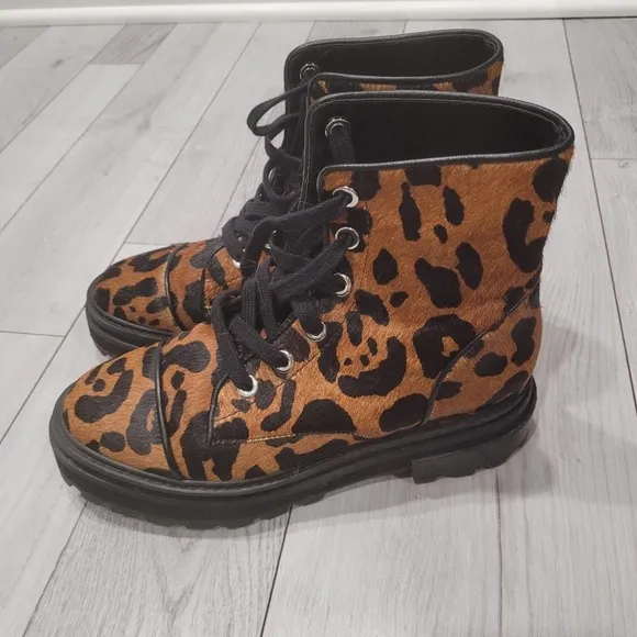SCHUTZ Mayalova Real Calf Hair/ Leather Chunky Lug Sole Lace Up Boots