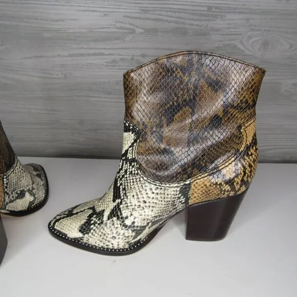 Schutz Haven Leather Stack Heel Snake Print Boots