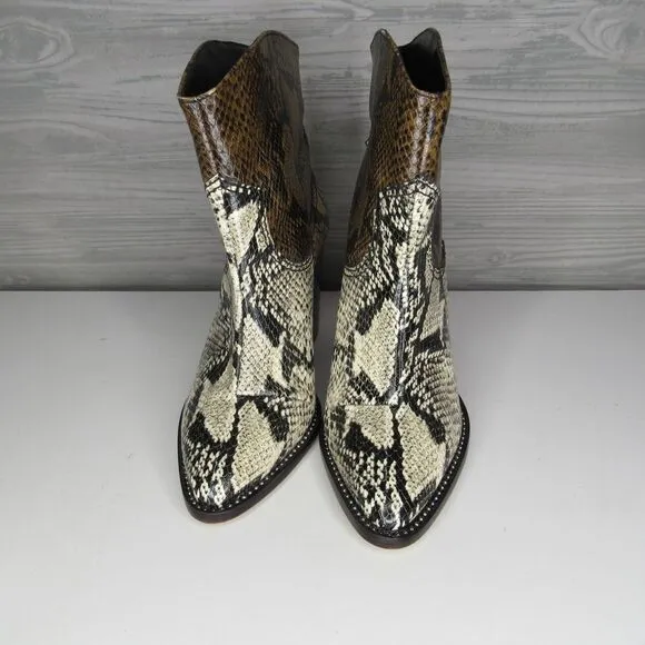 Schutz Haven Leather Stack Heel Snake Print Boots