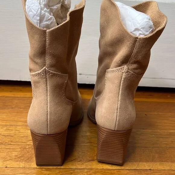 Schutz Tessie Honeycomb Suede Leather Mid-Calf Western Boots Tan Honeycomb New S