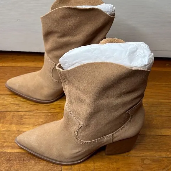 Schutz Tessie Honeycomb Suede Leather Mid-Calf Western Boots Tan Honeycomb New S