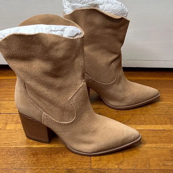 Schutz Tessie Honeycomb Suede Leather Mid-Calf Western Boots Tan Honeycomb New S