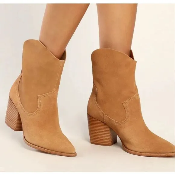 Schutz Tessie Honeycomb Suede Leather Mid-Calf Western Boots Tan Honeycomb New S