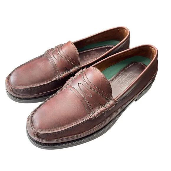 Sebago Penny Loafer Burgundy Brown Leather Hand Sewn Shoe Sz 8.5 Made in the USA
