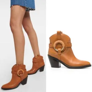 See by Chloé Hana 80mm cowboy leather boots in Tan US7.5