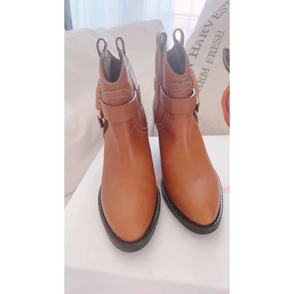 See by Chloé Hana 80mm cowboy leather boots in Tan US7.5