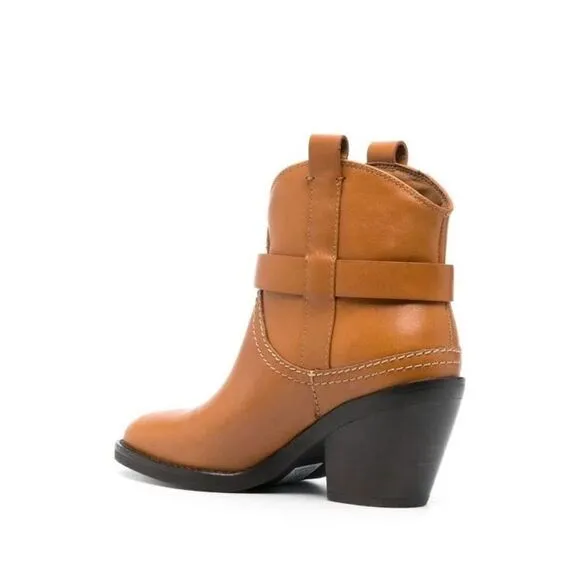 See by Chloé Hana 80mm cowboy leather boots in Tan US7.5