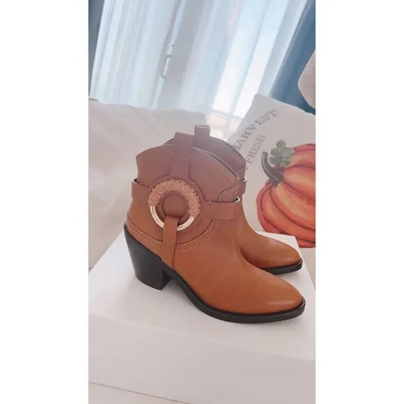 See by Chloé Hana 80mm cowboy leather boots in Tan US7.5