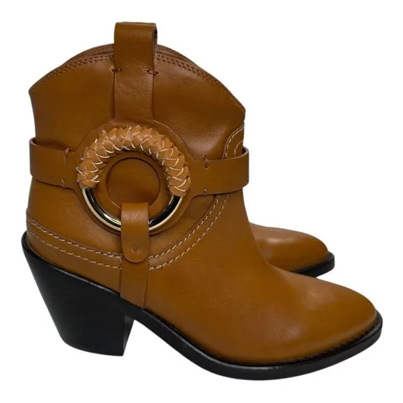 See by Chloé Hana Cuban Moto Buckle Ankle Boot Leather Brown Sz: EU 37.5/US 7.5
