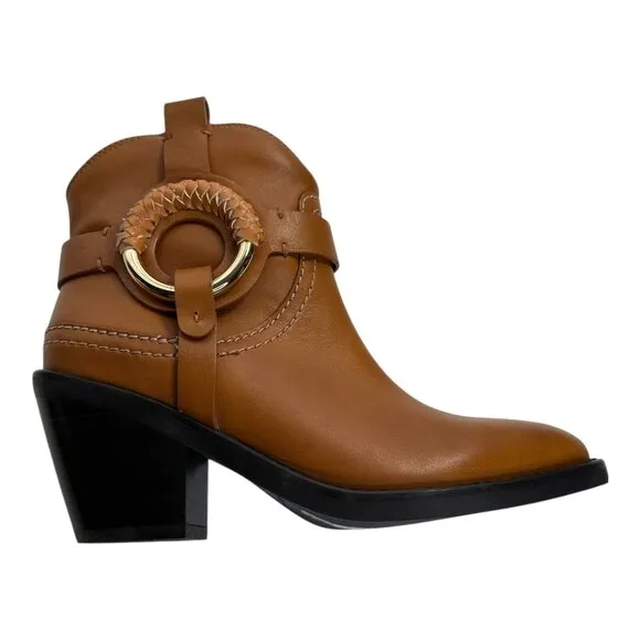 See by Chloé Hana Cuban Moto Buckle Ankle Boot Leather Brown Sz: EU 37.5/US 7.5