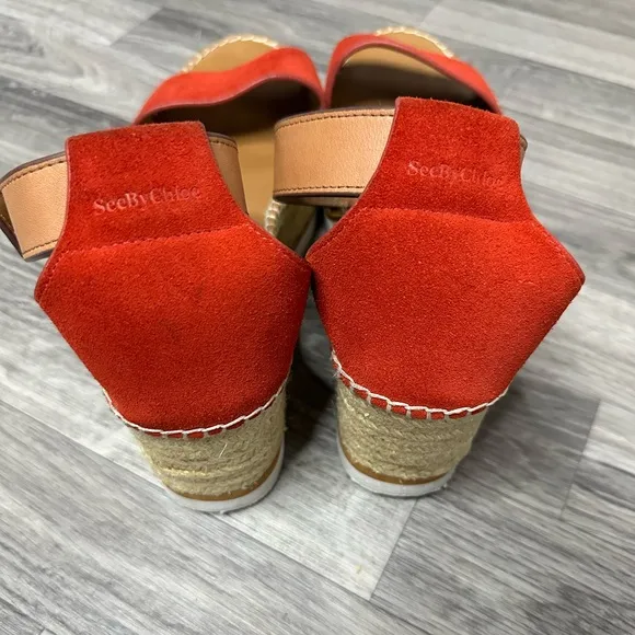 See by Chloe Glyn Mid Wedge Platform Espadrilles Suede Red 38