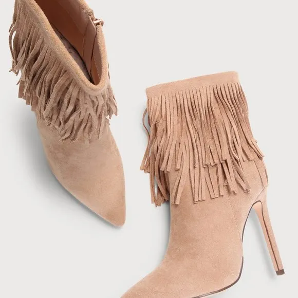 Seleste Light Nude Suede Fringe Pointed-Toe Mid-Calf Boots
