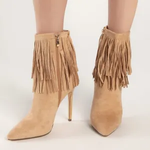Seleste Light Nude Suede Fringe Pointed-Toe Mid-Calf Boots