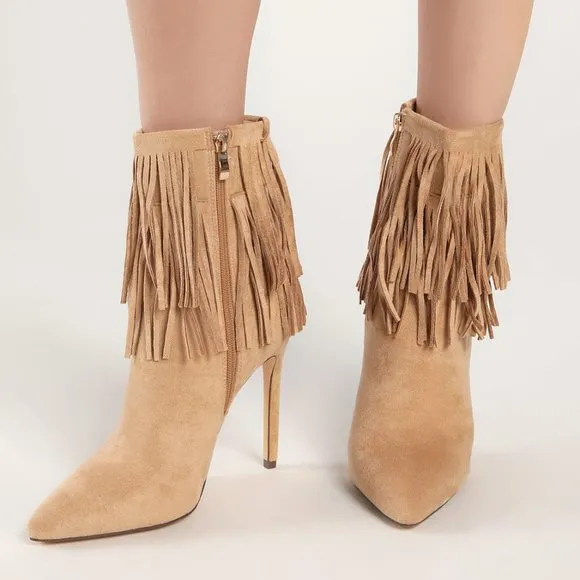 Seleste Light Nude Suede Fringe Pointed-Toe Mid-Calf Boots