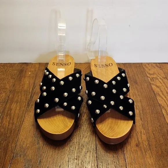 SENSO Black Velvet Studded Wood Sandals