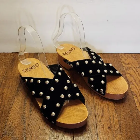 SENSO Black Velvet Studded Wood Sandals