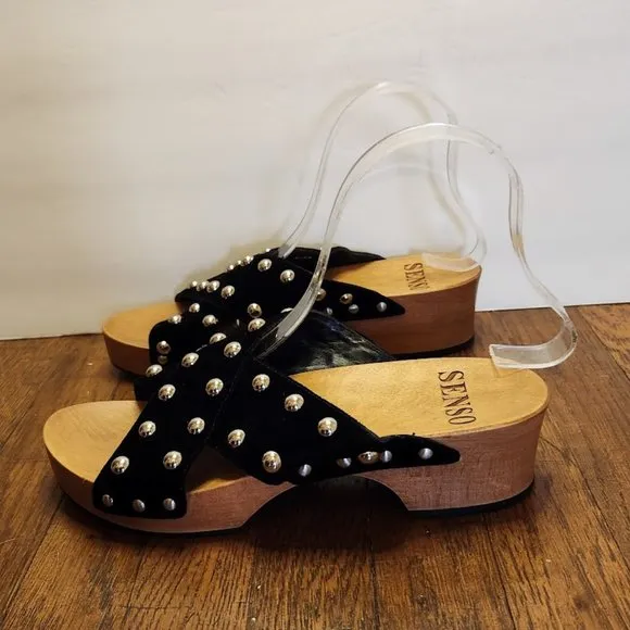 SENSO Black Velvet Studded Wood Sandals
