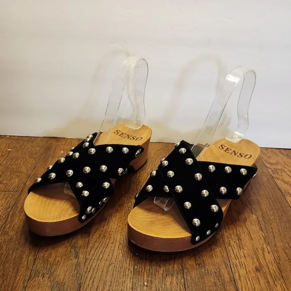 SENSO Black Velvet Studded Wood Sandals