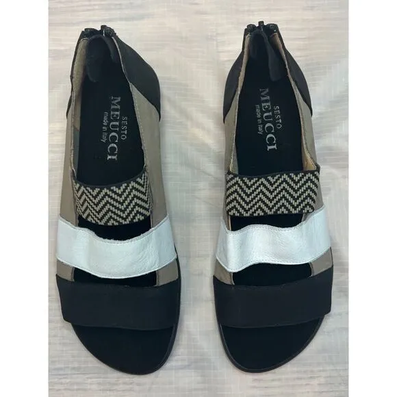 Sesto Meucci Elise Taupe Nabuk Open Toe Sandals Brown Black Leather Size 7