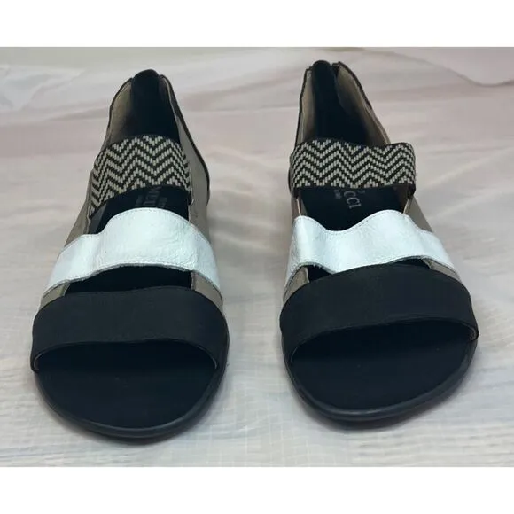 Sesto Meucci Elise Taupe Nabuk Open Toe Sandals Brown Black Leather Size 7