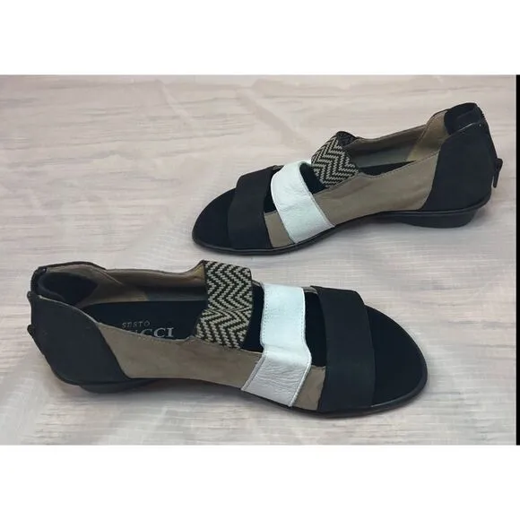 Sesto Meucci Elise Taupe Nabuk Open Toe Sandals Brown Black Leather Size 7