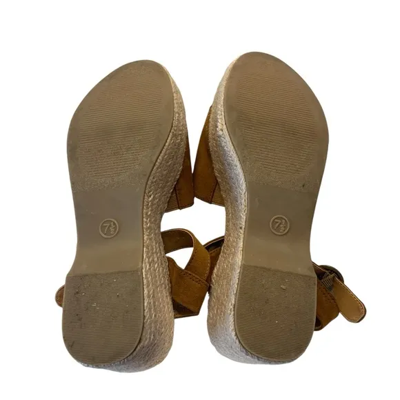 Seychelles Saddle Brown Faux Suede Leather Platform Wedge Espadrilles Size 7.5