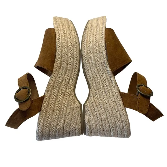 Seychelles Saddle Brown Faux Suede Leather Platform Wedge Espadrilles Size 7.5