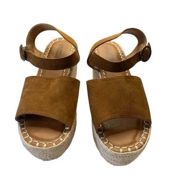 Seychelles Saddle Brown Faux Suede Leather Platform Wedge Espadrilles Size 7.5