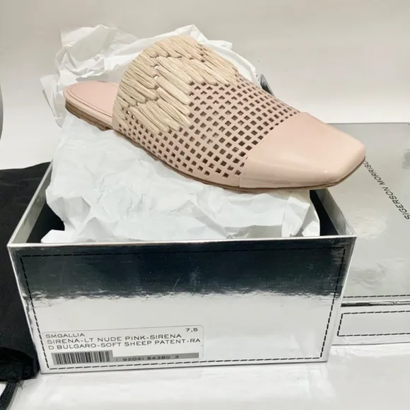 SIGERSON MORRISON Galli nude beige patent leather mules flat heel sandals 7.5