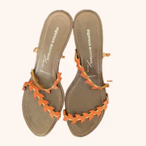 Sigerson Morrison Kitten Heel Slide Sandals_Orange Vine Pattern Leather