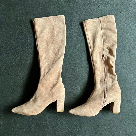 Silent D Komass Boots Leather Suede Zip Up Knee High Chunky Heel Pointy Toes 38
