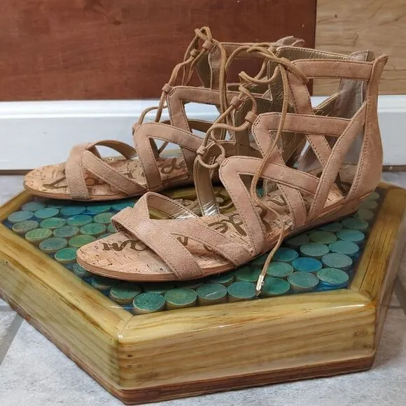 Size 8 and 1/2. Sam Edelman tan lace-up gladiator sandals